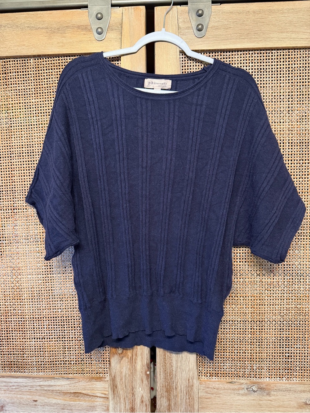Philosophy Navy Ribbed Knit Short Sleeve Top